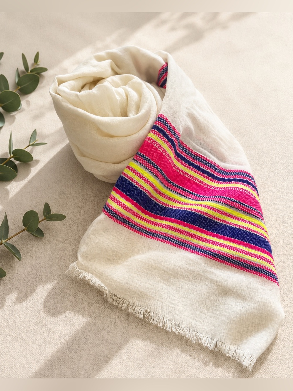 Lord & Taylor India Cotton Blend Neon Stripe Lightweight Cream Scarf Wrap Shawl